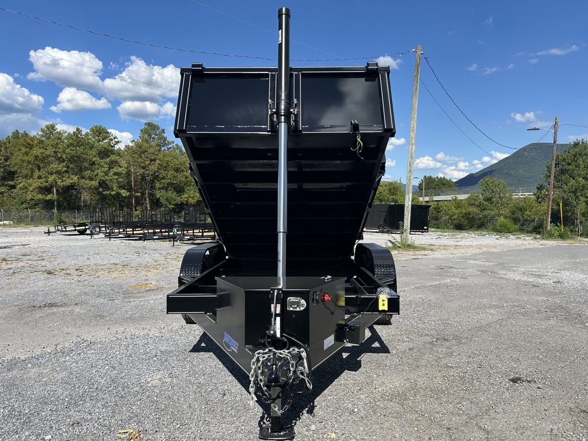 Telescopic dump trailer, side view with bed raised
