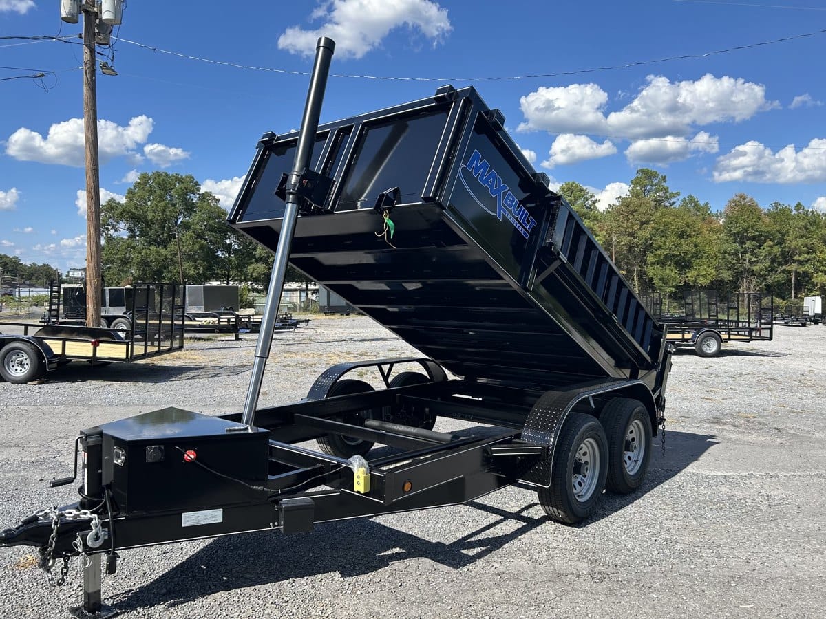Max Built telescopic dump trailer with the bed raised